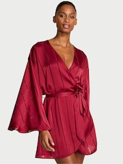 Victoria's Secret Red Lacquer Satin Sheer Stripe Short Robe - Image 1 of 3