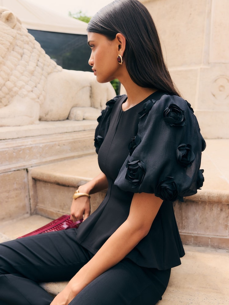 Friends Like These Black Rose Puff Sleeve Peplum Top - Image 2 of 4