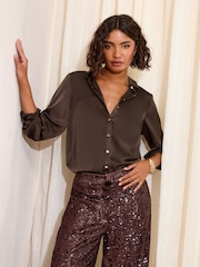 Friends Like These Chocolate Brown Satin Button Through Shirt - Image 4 of 5