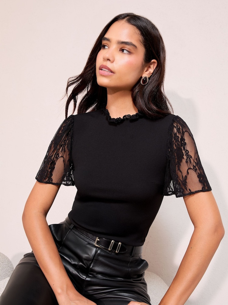 Friends Like These Black Short Sleeve Lace Top - Image 1 of 4 Friends Like These Black Short Sleeve Lace Top - Image 1 of 4