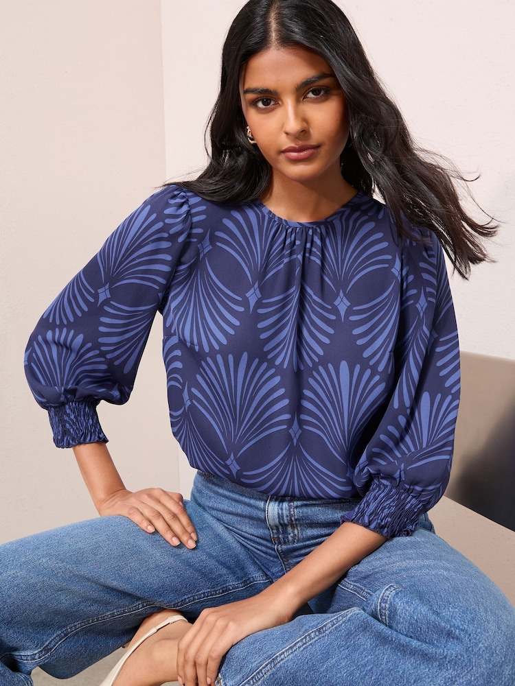 Friends Like These Blue Fan Print 3/4 Sleeve Shirred Cuff Blouse - Image 1 of 4 Friends Like These Blue Fan Print 3/4 Sleeve Shirred Cuff Blouse - Image 1 of 4