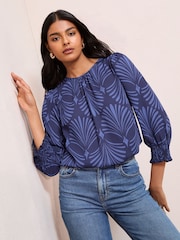 Friends Like These Blue Fan Print 3/4 Sleeve Shirred Cuff Blouse - Image 2 of 4