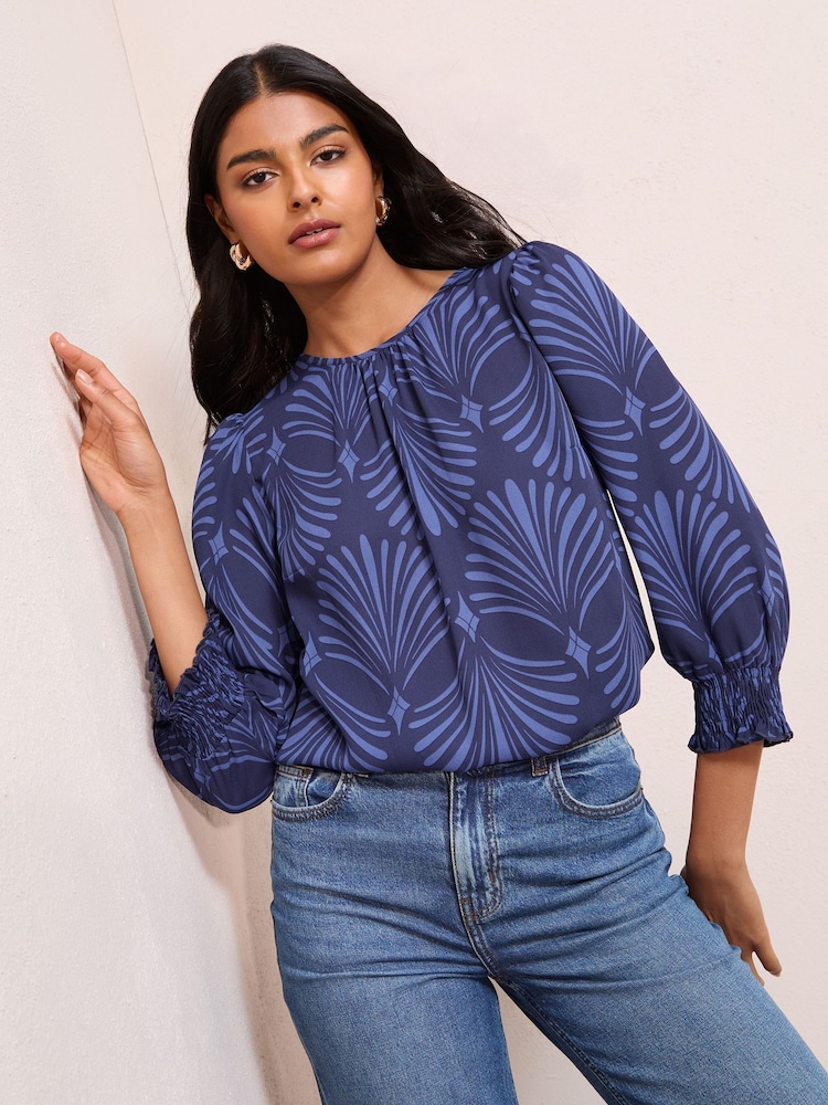 Friends Like These Blue Fan Print 3/4 Sleeve Shirred Cuff Blouse - Image 2 of 4 Friends Like These Blue Fan Print 3/4 Sleeve Shirred Cuff Blouse - Image 2 of 4