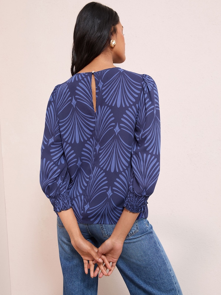 Friends Like These Blue Fan Print 3/4 Sleeve Shirred Cuff Blouse - Image 4 of 4 Friends Like These Blue Fan Print 3/4 Sleeve Shirred Cuff Blouse - Image 4 of 4