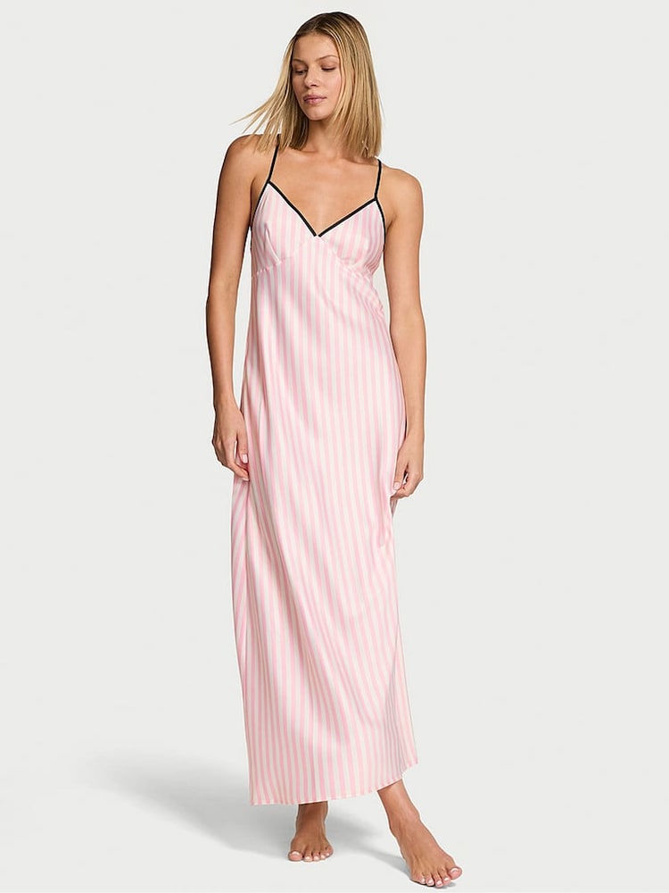Victoria's Secret Iconic Stripe Pink Satin Maxi Slip Dress - Image 1 of 2 Victoria's Secret Iconic Stripe Pink Satin Maxi Slip Dress - Image 1 of 2