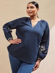 Live Unlimited Blue Curve Embroidered Blouse - Image 1 of 3