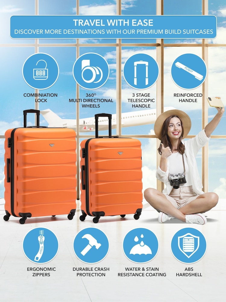 Flight Knight Medium & Large Orange Check-In Hold Luggage Hardcase Travel Suitcases Set Of 2 - Image 2 of 8