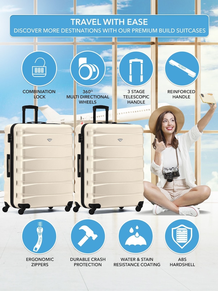 Flight Knight Large Cream Check-In Hold Luggage Hardcase Travel Suitcases Set Of 2 - Imagen 2 de 8