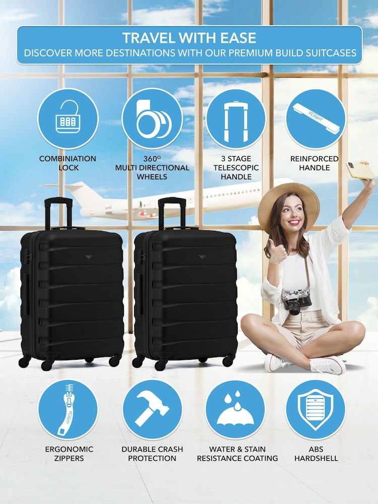 Flight Knight Medium Check-In Hold Luggage Hardcase Travel Black Suitcases Set Of 2 - Image 2 of 8