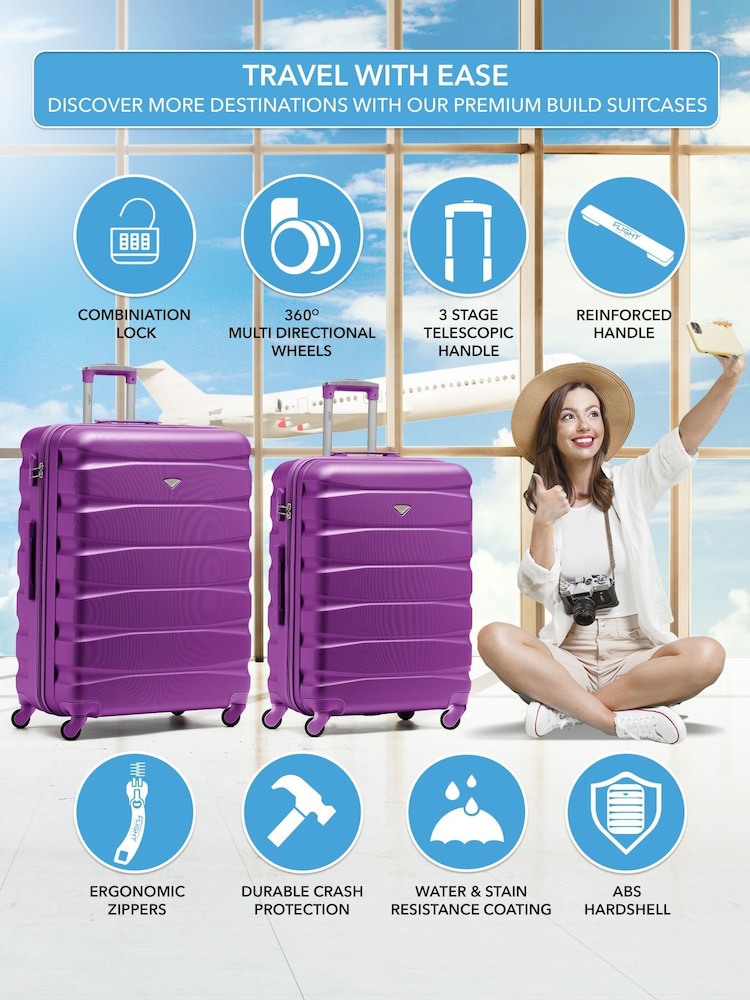 Flight Knight Medium & Large Purple Check-In Hold Luggage Hardcase Travel Suitcases Set Of 2 - Image 2 of 8