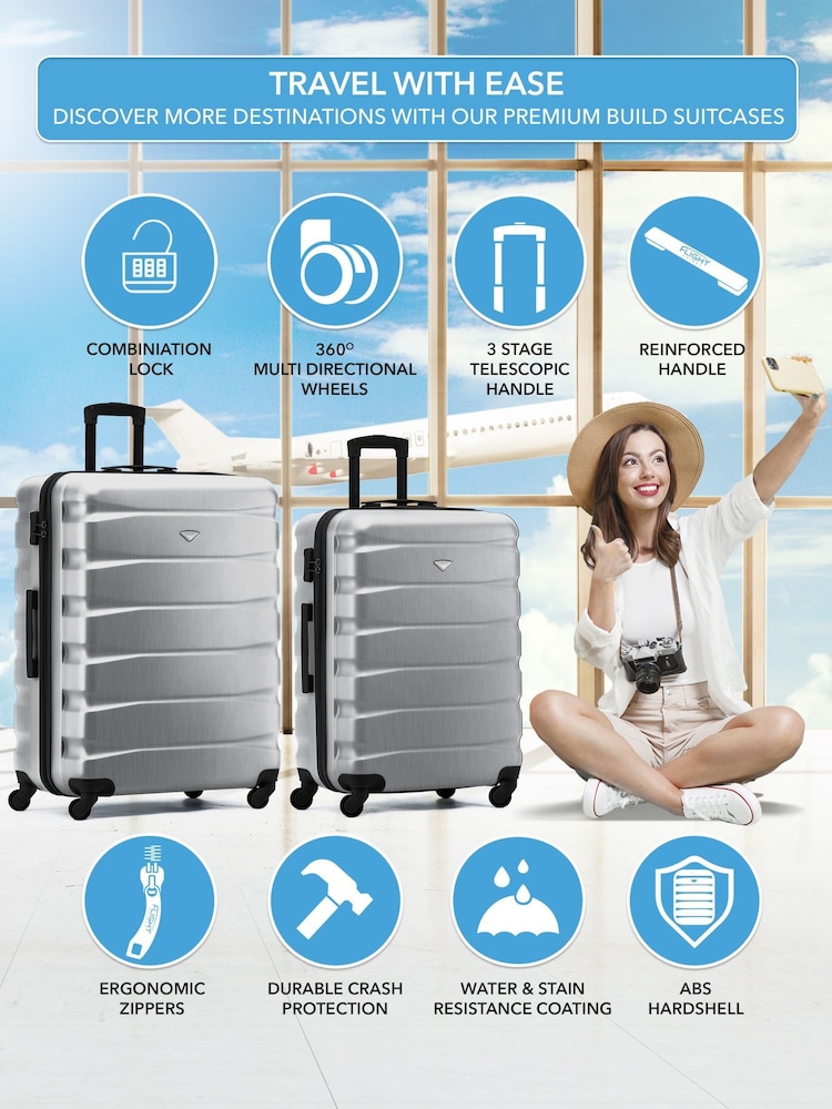 Flight Knight Medium & Large Metallic Check-In Hold Luggage Hardcase Travel Suitcases Set Of 2 - Image 2 of 8