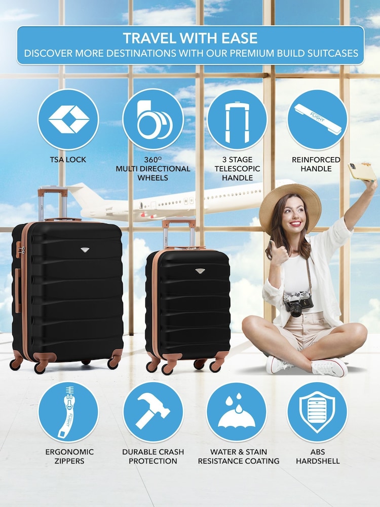 Flight Knight Medium & Small Check-In & Carry-On Hardcase Travel Black Suitcases Set Of 2 - Imagen 2 de 7