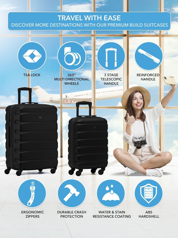 Flight Knight Medium Check-In & Small Carry-On Hardcase Travel Black Suitcase Set Of 2 - Image 2 of 8