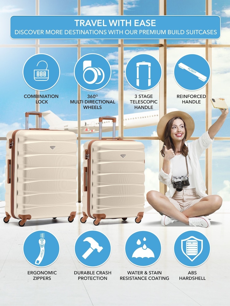 Flight Knight Medium & Large Cream Check-In Hold Luggage Hardcase Travel Suitcases Set Of 2 - Image 2 of 8