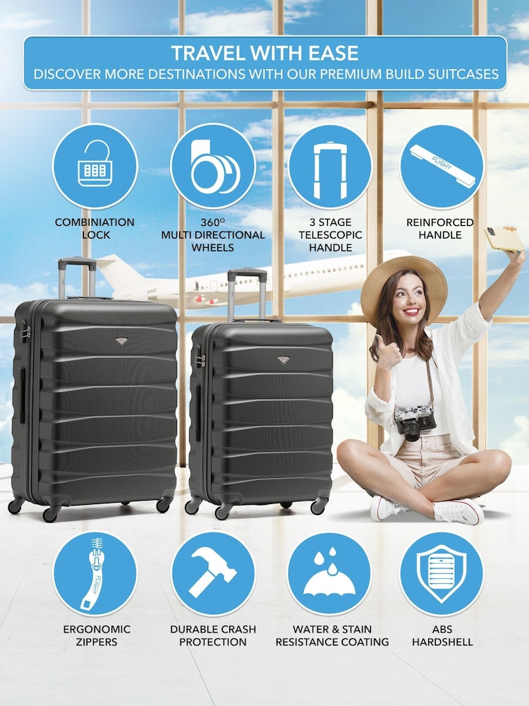 Flight Knight Medium & Large Grey Check-In Hold Luggage Hardcase Travel Suitcases Set Of 2 - Imagen 2 de 8