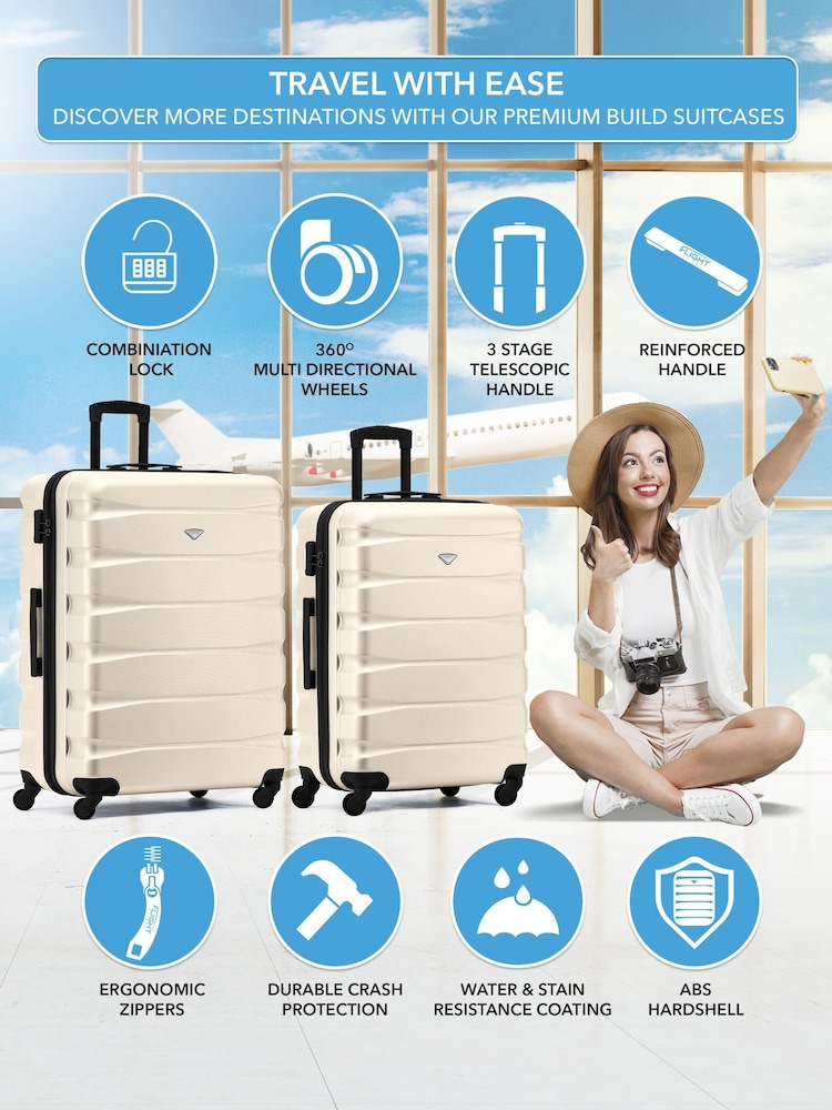 Flight Knight Medium & Large Cream Check-In Hold Luggage Hardcase Travel Suitcases Set Of 2 - Image 2 of 8