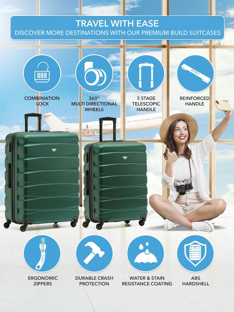 Flight Knight Medium & Large Green Check-In Hold Luggage Hardcase Travel Suitcases Set Of 2 - Image 2 of 8