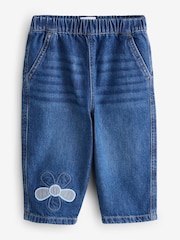 Blue Pure Cotton Flower Embroidery Pull-on Jeans - Image 1 of 1