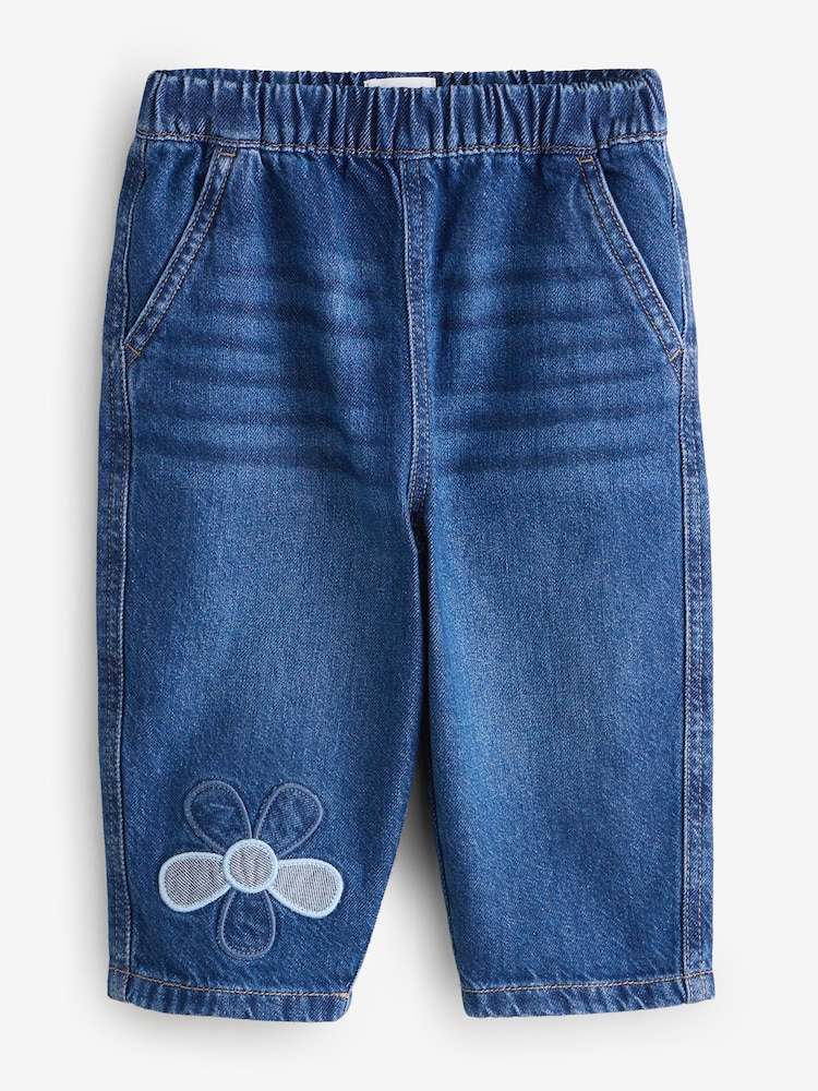 Blue Pure Cotton Flower Embroidery Pull-on Jeans - Image 1 of 1