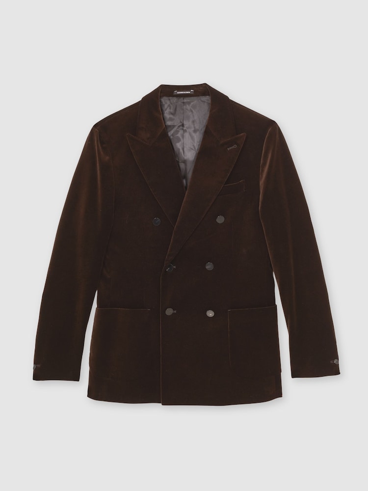 Schokoladenbraun - Reiss Royale Double-Breasted Velvet Blazer Regular-Fit - Bild 2 von 7