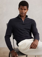 Reiss Navy Findlay Merino Wool Wide-Rib Half-Zip Jumper - Image 1 of 6