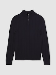 Reiss Navy Findlay Merino Wool Wide-Rib Half-Zip Jumper - Image 2 of 6