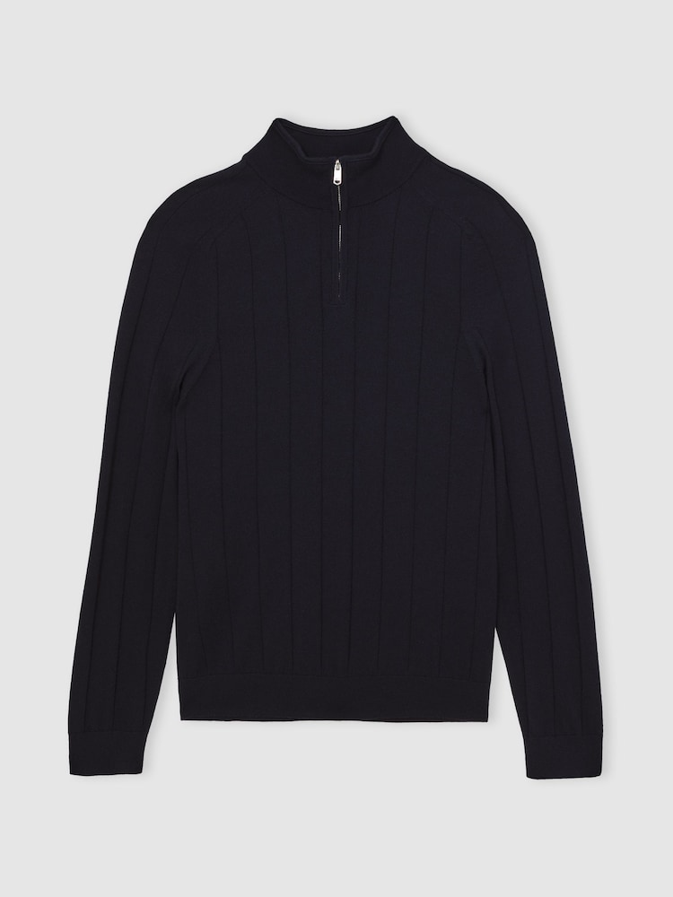 Reiss Navy Findlay Merino Wool Wide-Rib Half-Zip Jumper - Image 2 of 6