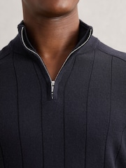 Reiss Navy Findlay Merino Wool Wide-Rib Half-Zip Jumper - Image 3 of 6