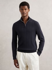 Reiss Navy Findlay Merino Wool Wide-Rib Half-Zip Jumper - Image 4 of 6