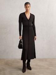Reiss Chocolate Brown/Black Laura Knitted Dress - Image 1 of 5