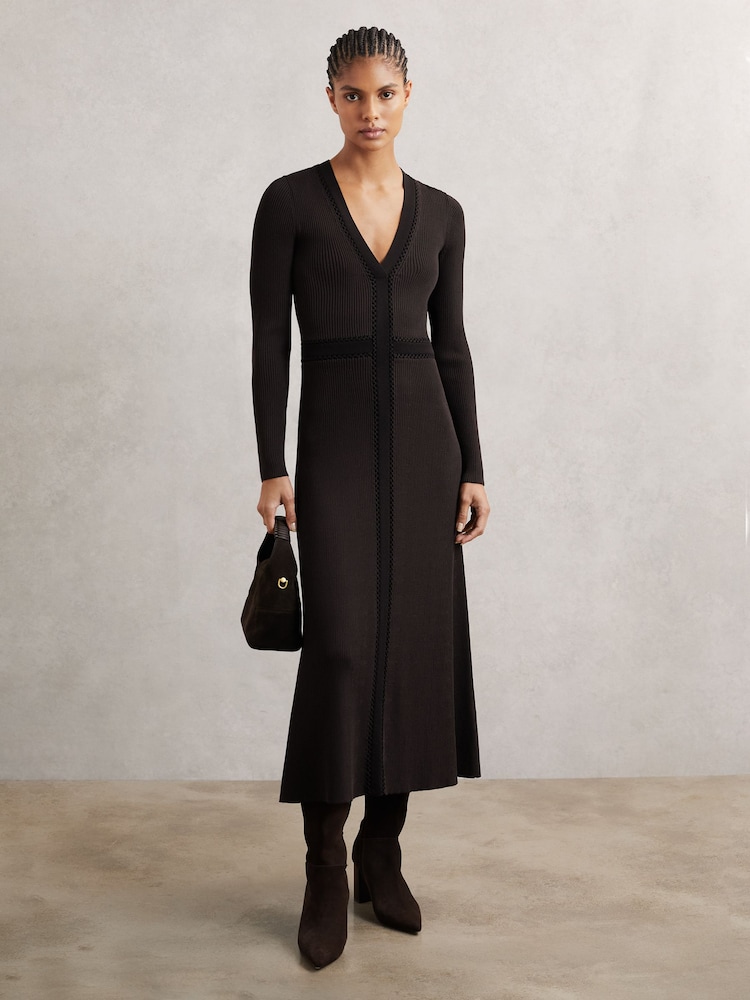 Reiss Chocolate Brown/Black Laura Knitted Dress - Image 1 of 5