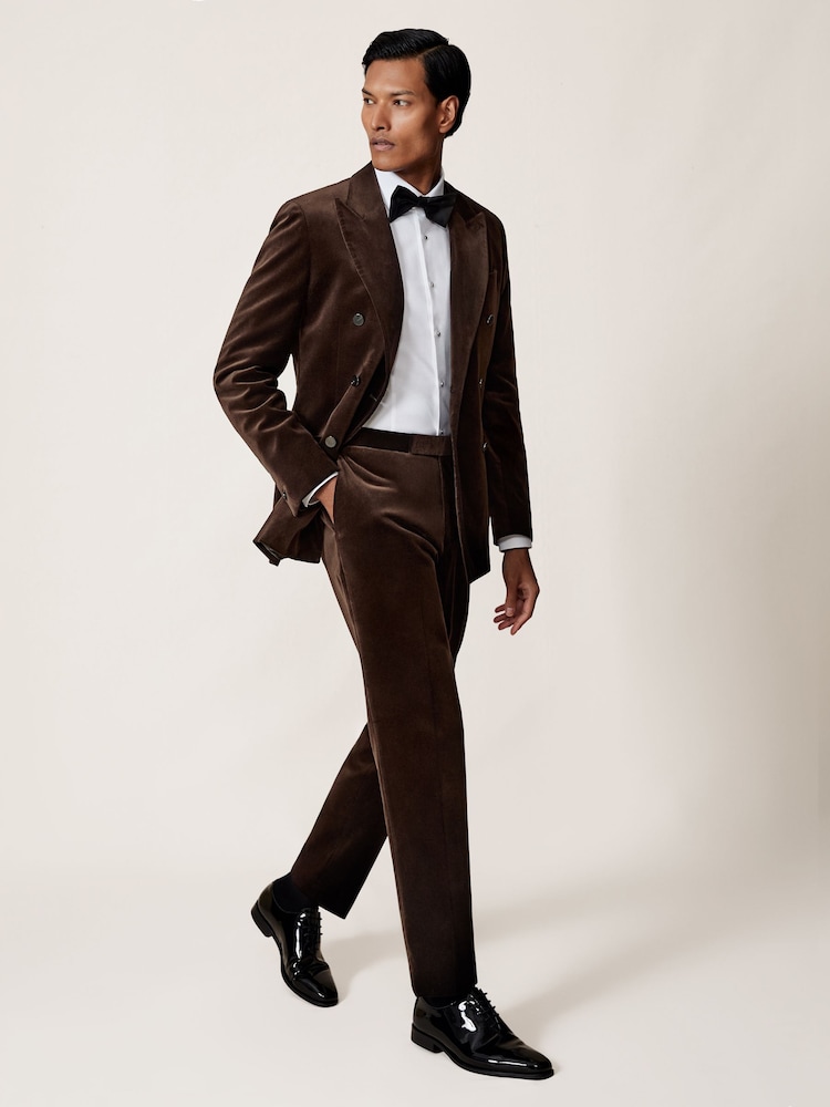 Reiss Chocolate Brown Royale T Velvet Tailored-Fit Suit Trousers - Image 1 of 7 Reiss Chocolate Brown Royale T Velvet Tailored-Fit Suit Trousers - Image 1 of 7