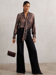 Reiss Brown Naomi Crocodile-Print Tie-Neck Blouse - Image 1 of 7