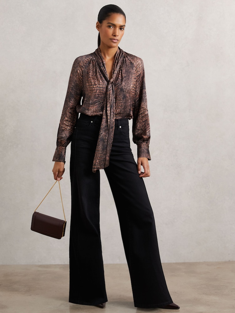 Reiss Brown Naomi Crocodile-Print Tie-Neck Blouse - Image 1 of 7