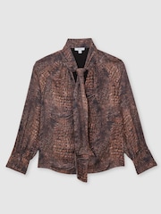 Reiss Brown Naomi Crocodile-Print Tie-Neck Blouse - Image 2 of 7