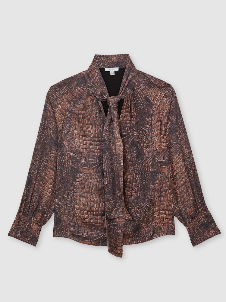 Reiss Brown Naomi Crocodile-Print Tie-Neck Blouse - Image 2 of 7