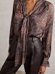 Reiss Brown Naomi Crocodile-Print Tie-Neck Blouse - Image 3 of 7
