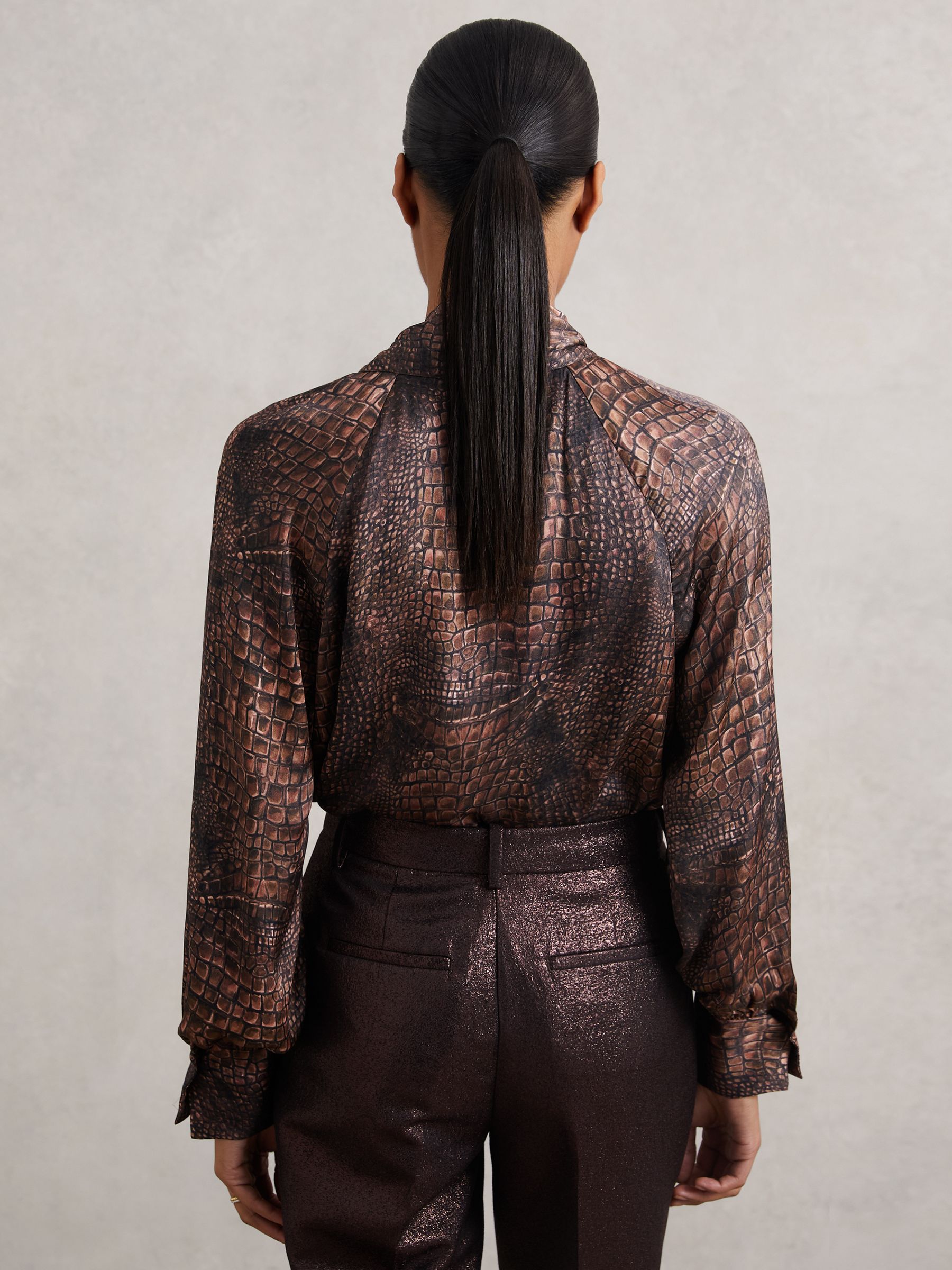 Buy Reiss Brown Naomi Crocodile-Print Tie-Neck Blouse from Next USA