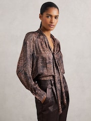 Reiss Brown Naomi Crocodile-Print Tie-Neck Blouse - Image 6 of 7