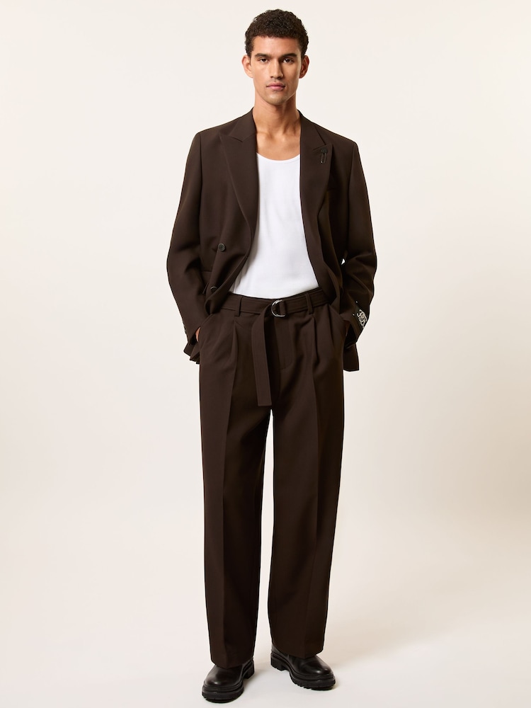 Reiss Brown Atwell Monogram Relaxed-Fit Belted Trousers - Image 1 of 7