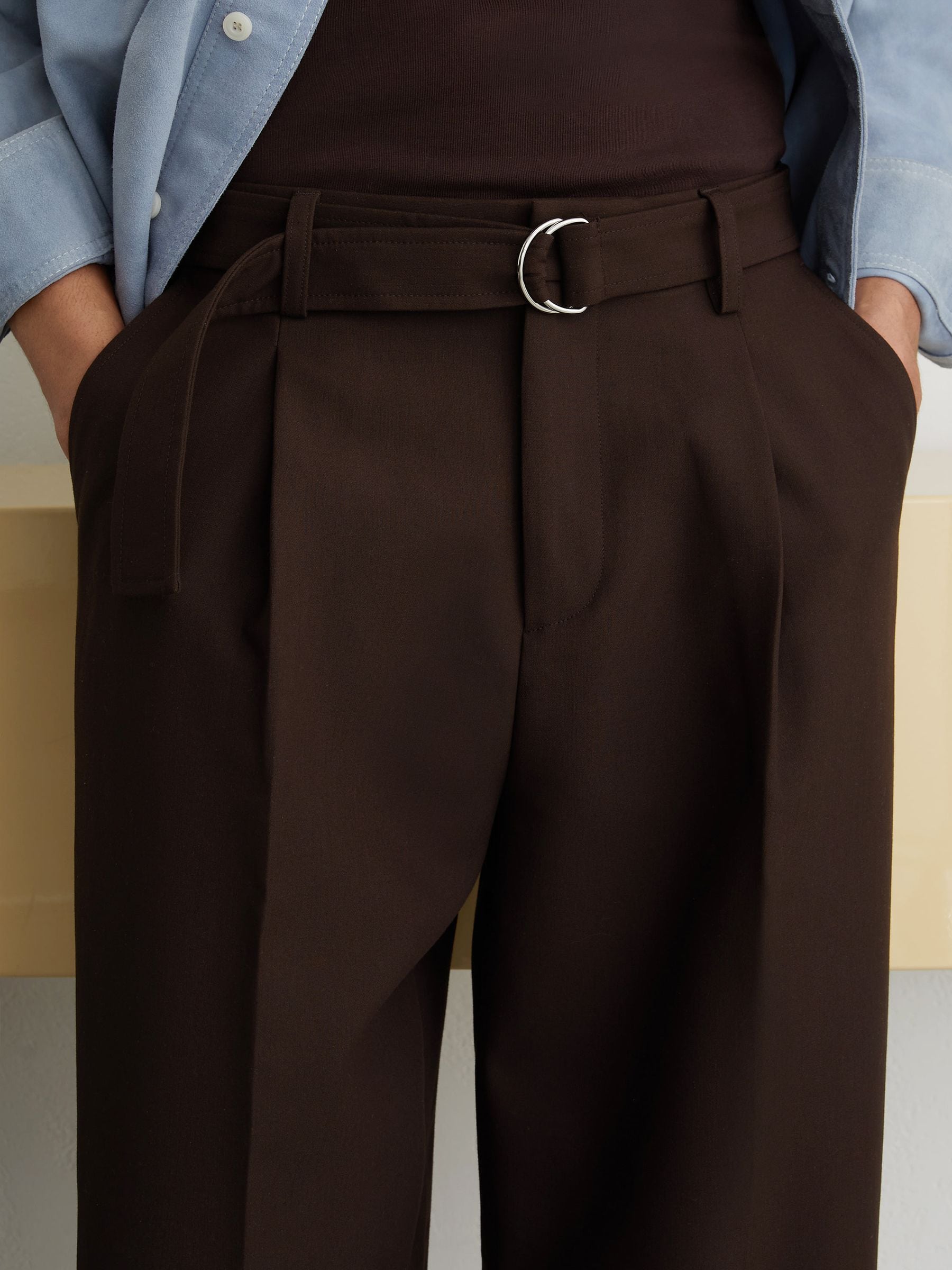 Buy Reiss Brown Atwell Monogram Relaxed-Fit Belted Trousers from