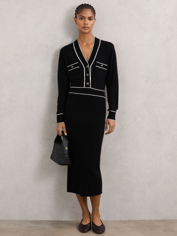 Reiss Black/Ivory Lorrie Petite Wool-Blend Tipped Dress With Cashmere - Image 1 of 7