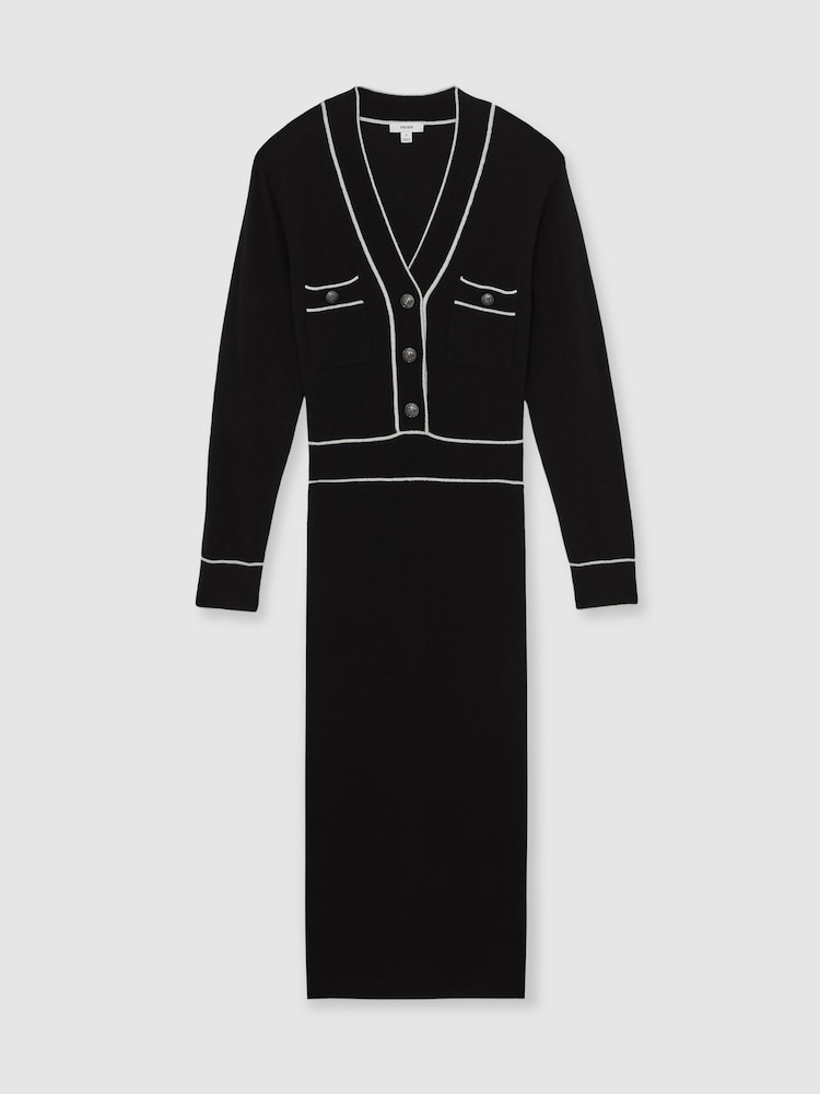 Reiss Black/Ivory Lorrie Petite Wool-Blend Tipped Dress With Cashmere - Image 2 of 7 Reiss Black/Ivory Lorrie Petite Wool-Blend Tipped Dress With Cashmere - Image 2 of 7
