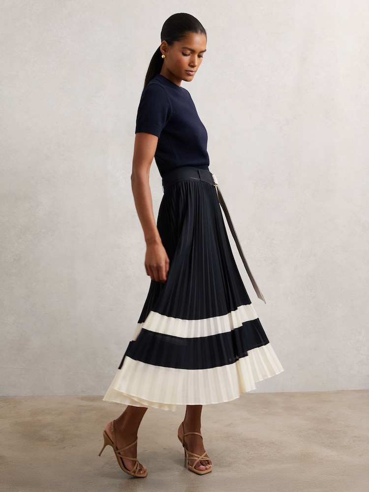 Reiss Navy/Ivory Goldie Belted Pleated Midi Skirt - Image 1 of 8