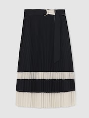 Reiss Navy/Ivory Goldie Belted Pleated Midi Skirt - Image 2 of 8