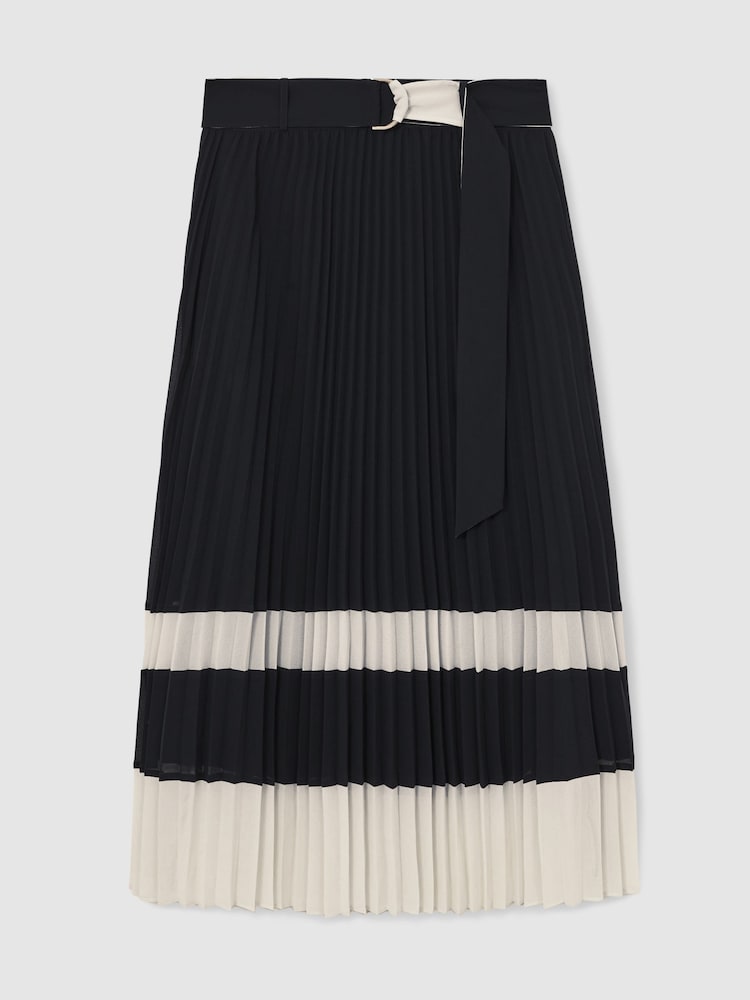 Reiss Navy/Ivory Goldie Belted Pleated Midi Skirt - Image 2 of 8