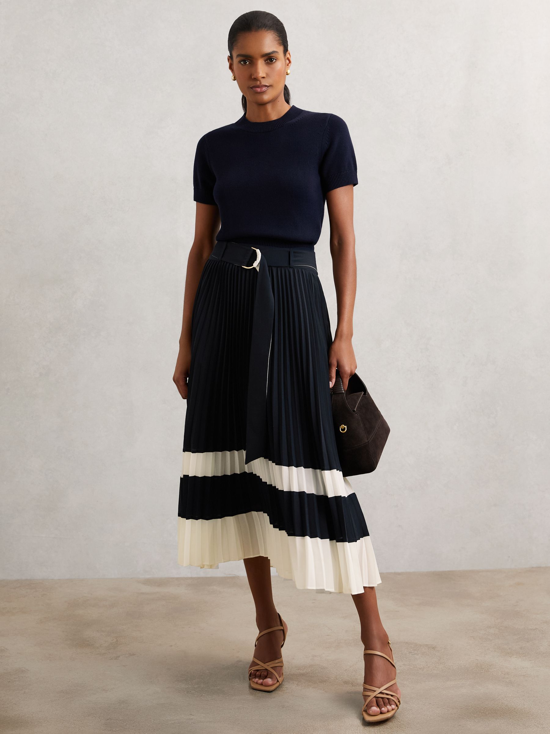 Buy Reiss Navy/Ivory Goldie Belted Pleated Midi Skirt from Next USA