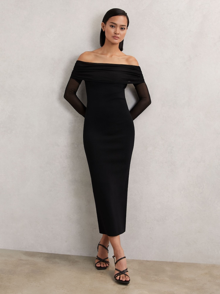 midi dress with sheer sleeves Long-Sleeve Sheer Pleated Midi Dress