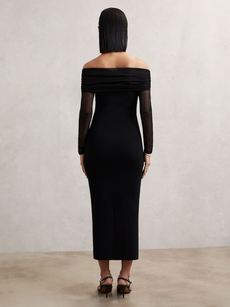 midi black dress with sheer sleeves Shiny Long flattering piece is defined by contrasting sheer mesh sleeves and back Cali Chic Women Dress Black