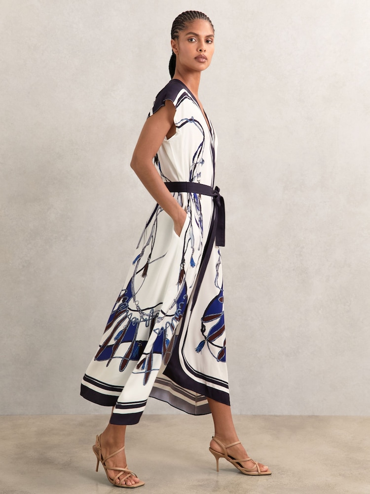 Reiss Blue/Brown Gemma Scarf-Print V-Neck Belted Midi Dress - Image 1 of 6